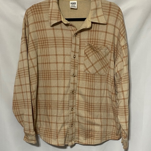 Victoria's Secret Tops - PINK VICTORIA SECRET WO SMALL TAN PLAID FLEECE COMFY LIGHTWEIGHT SHIRT / SHACKET